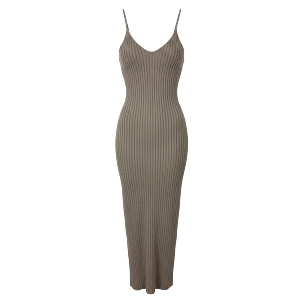 SHEIN Midi Dress Womens Large Tan Taupe Spaghetti Strap V-Neck Ribbed Knit